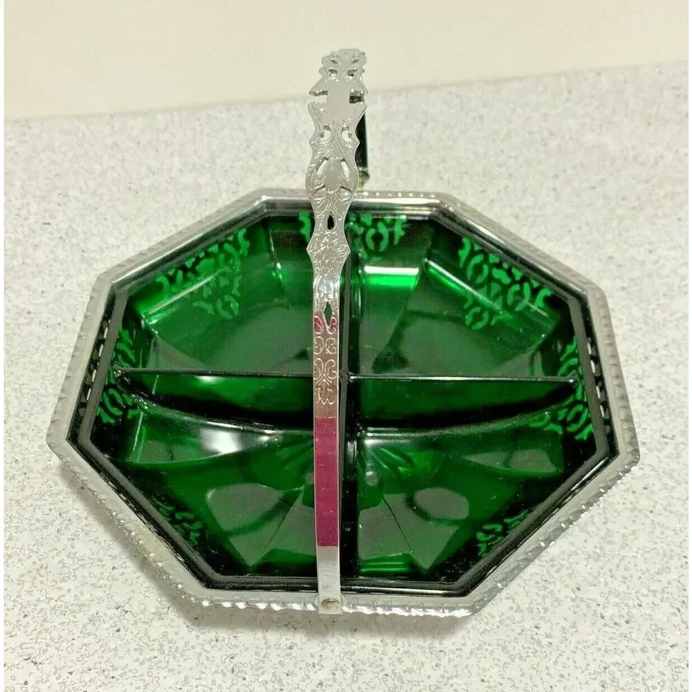 Vintage candy dish ornate pierced chrome basket retro green glass section dish